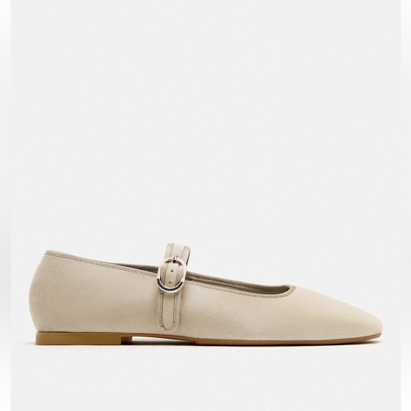 Zara Flat ballet Velvet Mary Jane Shoes Buckled strap comfort Sole Taupe Neutral - Picture 6 of 15